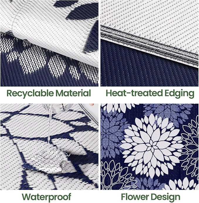 LuxStep Outdoor Rug Waterproof Outdoor Plastic Straw Rug Reversible Patio Rug Mat Outdoor Decor Large Area Mats for RV, Picnic, Backyard, Deck, Balcony, Porch, Beach, Camping, 6'x 9',Blue