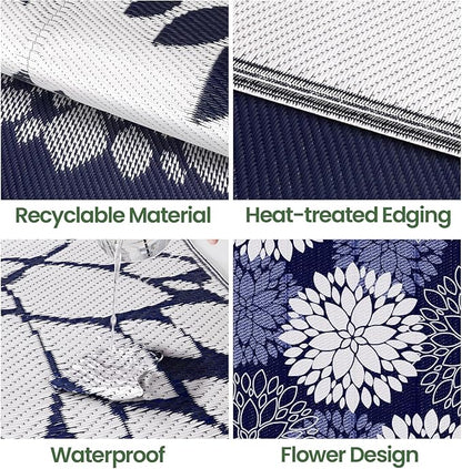 LuxStep Outdoor Rug Waterproof Outdoor Plastic Straw Rug Reversible Patio Rug Mat Outdoor Decor Large Area Mats for RV, Picnic, Backyard, Deck, Balcony, Porch, Beach, Camping, 6'x 9',Blue
