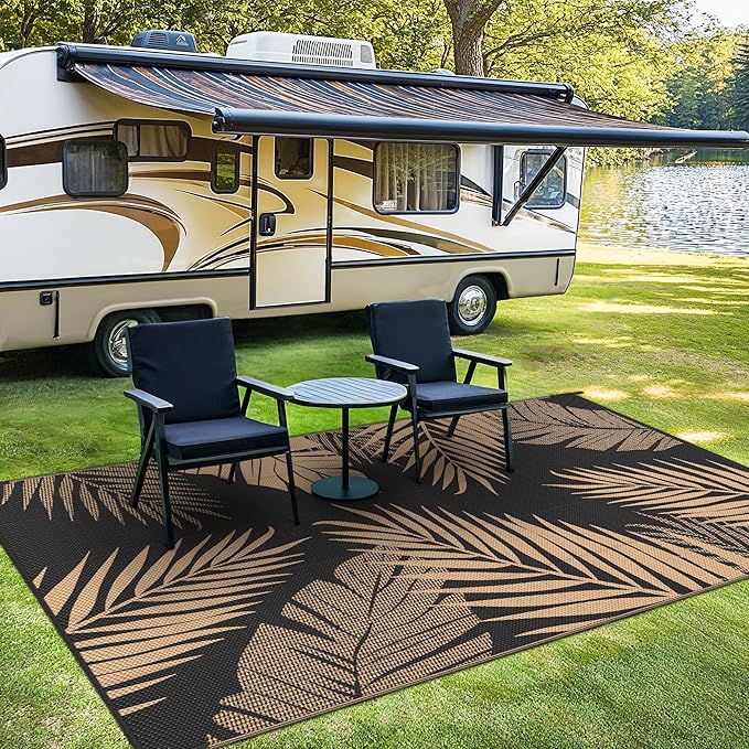 Outdoor Rug 10' x 14' for Patio Waterproof Clearance, Reversible Indoor Outdoor Plastic Straw Camping Rug Carpet, RV Mat, Large Area Rug for Deck, Backyard, Balcony, Porch,Beach,Black and Brown