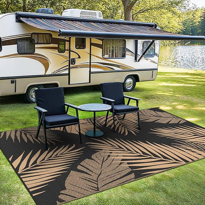 Outdoor Rug 10' x 14' for Patio Waterproof Clearance, Reversible Indoor Outdoor Plastic Straw Camping Rug Carpet, RV Mat, Large Area Rug for Deck, Backyard, Balcony, Porch,Beach,Black and Brown
