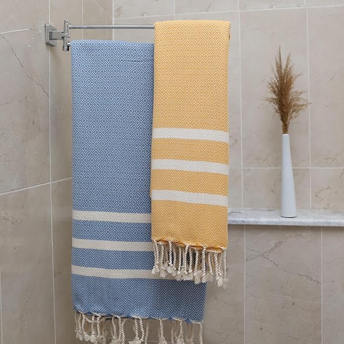 2 Pack Cotton Oversized Beach Towel Turkish Peshtemal Quick Dry Absorbent Lightweight Washable Sand Free Swim Pool Camp Travel Breathable Cozy Blanket (Gold Yellow and Turquoise Blue)