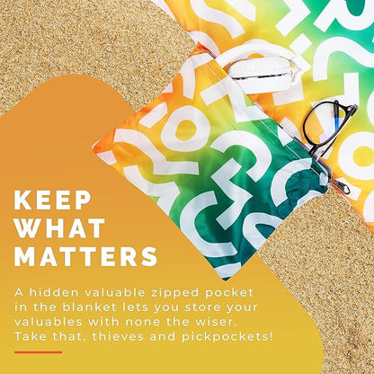 Lightweight Beach Blanket - Oversized 107" x 77" - Waterproof Sandproof - Double Anchored for Fun Leisure Beach Blanket - with Stake and Pouch - Durable Sand Beach Mat