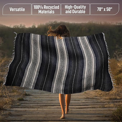 Authentic Large Handwoven Mexican Blanket - Soft Yoga Blanket - Durable Serape Blanket - Lightweight Falsa Blanket, Beach Blanket, Camping Blanket, Picnic Blanket, Outdoor Blanket 70"x50" - Blue Haze