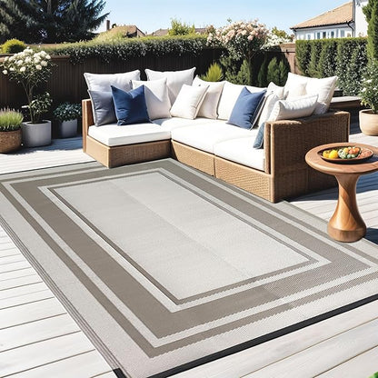 RURALITY Outdoor Rugs 8x10 Waterproof for Patios Clearance,Plastic Straw Mats for Backyard,Porch,Deck,Balcony,Reversible,Geometric