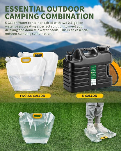 5 Gallon Water Jug(16x13.2x7in)and 2.6Gal Collapsible Water Bag Set of 2,BPA Free Water Tank Overlanding Gear Containers, Camping Essential Leak-Proof Black Portable Water Storage, Outdoors Hiking RV