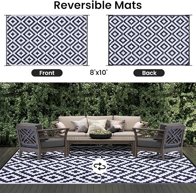 Smiry Waterproof Outdoor Rug 8x10 ft, Reversible Plastic Straw Patio Camping Rugs, Outdoor Indoor RV Mat Carpet for Patio, Outside Entry, Backyard, Deck, Bench, Picnic, Camper, White & Navy