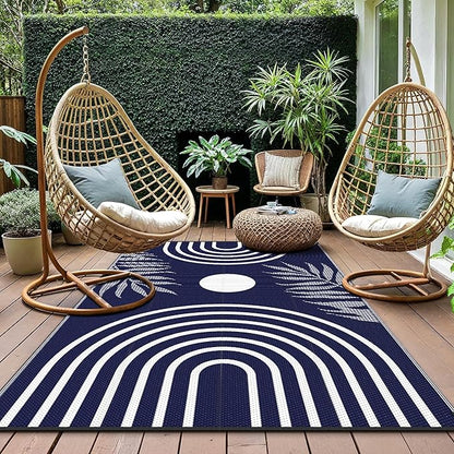 GENIMO Outdoor Rug 5' x 8' Waterproof for Patio Clearance, Reversible Plastic Straw Camping Carpet, Lightweight Rugs Mats for Rv, Backyard, Deck, Porch, Picnic, Balcony, Mix-Blue & White