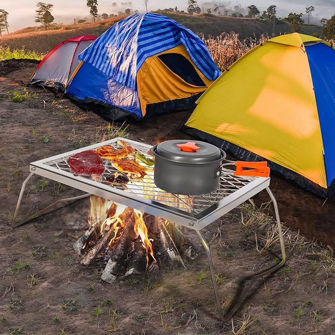 REDCAMP Folding Stainless Campfire Grill Heavy Duty Steel Grate, Portable Camp Fire Cooking Racks for Over Fire Pit