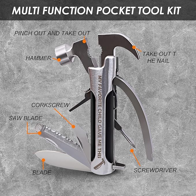 Fathers Gifts for Dad from Daughter Son MY FAVORITE CHILD GAVE ME THIS Hammer Multitool Camping, 12 In 1 Pocket Multi Survival Tools Cool Gadgets Christmas Birthday Gifts for Men Dad boyfriend
