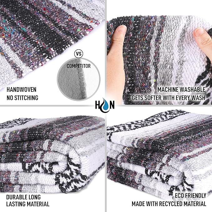 Authentic Extra Large Mexican Blanket (70"x50") - Handwoven Yoga Blanket, Serape Blanket - Artisanal Falsa Blanket, Beach Blanket, Camping Blanket, Picnic Blanket, Outdoor Blanket (Gray)