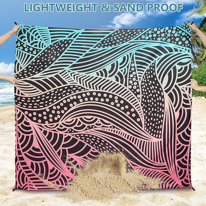Beach Blanket Waterproof Sandproof Beach Mat 79”x 83” for 1-4 Adults Quick Drying Durable Outdoor Picnic Mat for Beach Festival Travel Camping Hiking (Gradiant BK-Ripple, 79"×83"(4 Person))