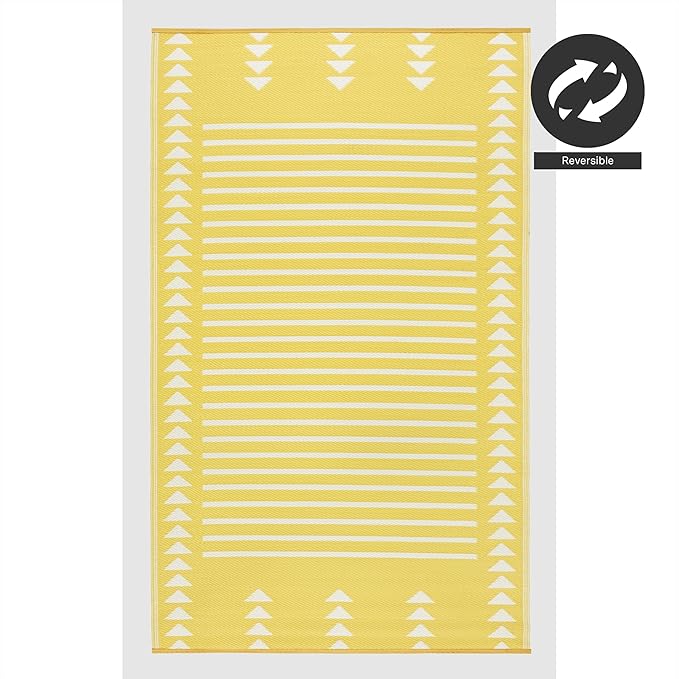FH Home Outdoor Rug - Waterproof, Fade Resistant, Crease-Free - Premium Recycled Plastic - Geometric - Porch, Deck, Balcony, Mudroom, Laundry Room, Patio - Hampton - Yellow Crease Free - 3 x 5 ft