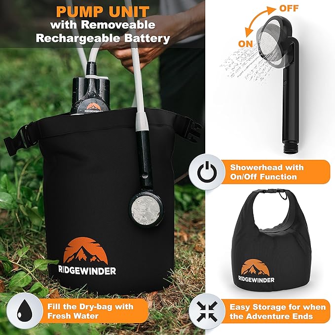 Dual Battery Portable Shower for Camping with Dry Bag - Camp Shower with 2 Rechargeable Batteries and Included 10L Dry Bag for Water Storage. Complete Camping Shower in a Bag