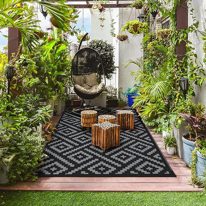 GENIMO Outdoor Rug for Patio Clearance,9'x12' Waterproof Large Mat,Reversible Plastic Camping Rugs,Rv,Porch,Deck,Camper,Balcony,Backyard,Black & Gray