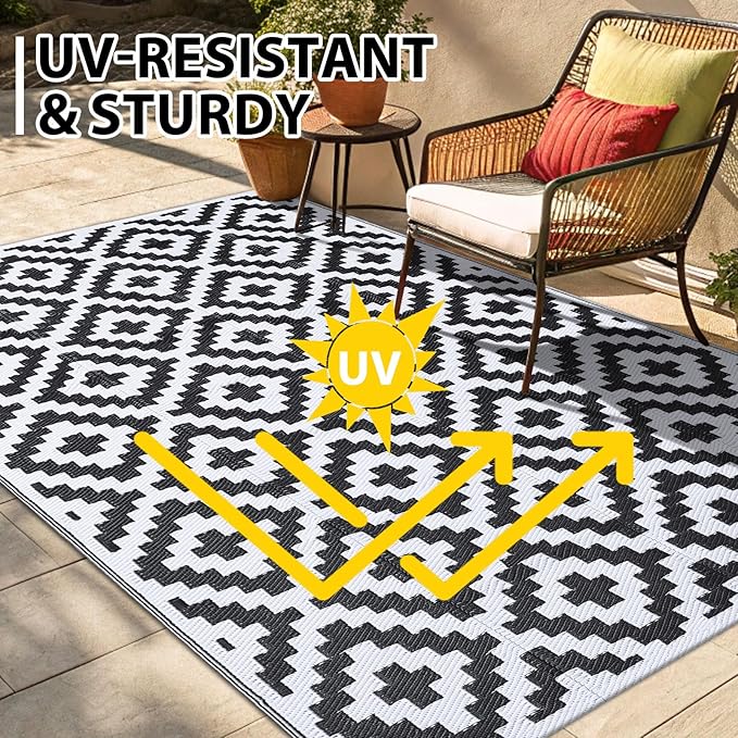 Smiry Waterproof Outdoor Rug 9x12 ft, Reversible Plastic Straw Patio Camping Rugs, Outdoor Indoor RV Mat Carpet for Patio, Outside Entry, Backyard, Deck, Bench, Picnic, Camper, Black & White