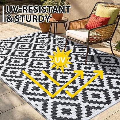 Smiry Waterproof Outdoor Rug 9x12 ft, Reversible Plastic Straw Patio Camping Rugs, Outdoor Indoor RV Mat Carpet for Patio, Outside Entry, Backyard, Deck, Bench, Picnic, Camper, Black & White