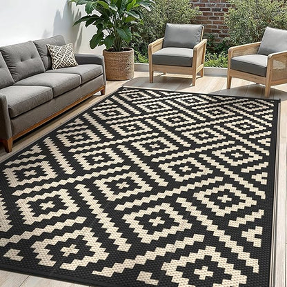 Outdoor Rug for Patio - Waterproof Plastic Straw Camping Rugs 8x10 ft, Reversible Outdoor Indoor RV Mat Carpet for Patio, Porch, Deck, Balcony, Picnic, Beach, Black Beige