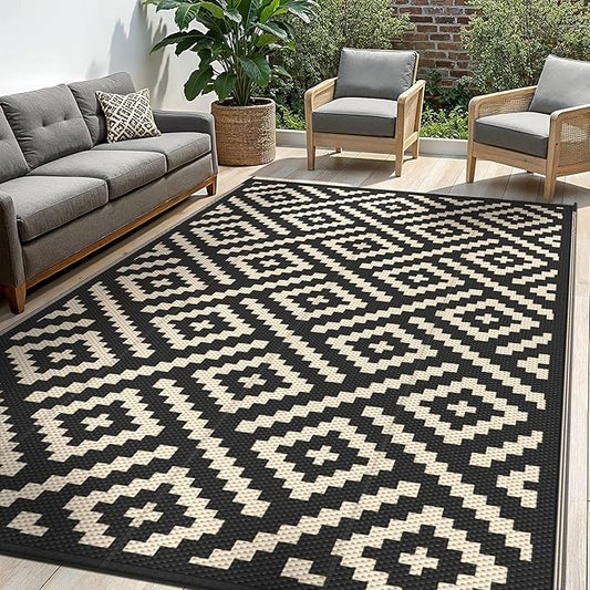 Outdoor Rug for Patio - Waterproof Plastic Straw Camping Rugs 4x6 ft, Reversible Outdoor Indoor RV Mat Carpet for Patio, Porch, Deck, Balcony, Picnic, Beach, Black Beige