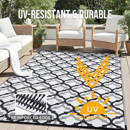 OLANLY Reversible Outdoor Rug 6x9 ft Clearance, Waterproof Outdoor Plastic Straw Rug with Interlacing Pattern, RV Mat for Patio, Camping, Balcony, Deck, Backyard, Black & White