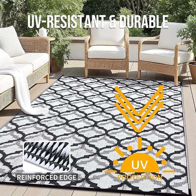 OLANLY Reversible Outdoor Rug 8x10 ft Clearance, Waterproof Outdoor Plastic Straw Rug with Interlacing Pattern, RV Mat for Patio, Camping, Balcony, Deck, Backyard, Black & White