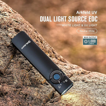 OLIGHT Arkfeld UV 365nm Black Light Flashlight, 1000 Lumens, Rechargeable, Portable, Battery Powered, Detection of Pet Urine, Stains, Fluorescent Agents, Banknotes