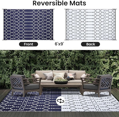 Smiry Outdoor Rug 6x9 ft, Waterproof Reversible Plastic Straw Rugs, Boho Outdoor Area Rug, Outside Floor Mat for Patio, Backyard, Deck, Picnic, Beach, Camping, Navy