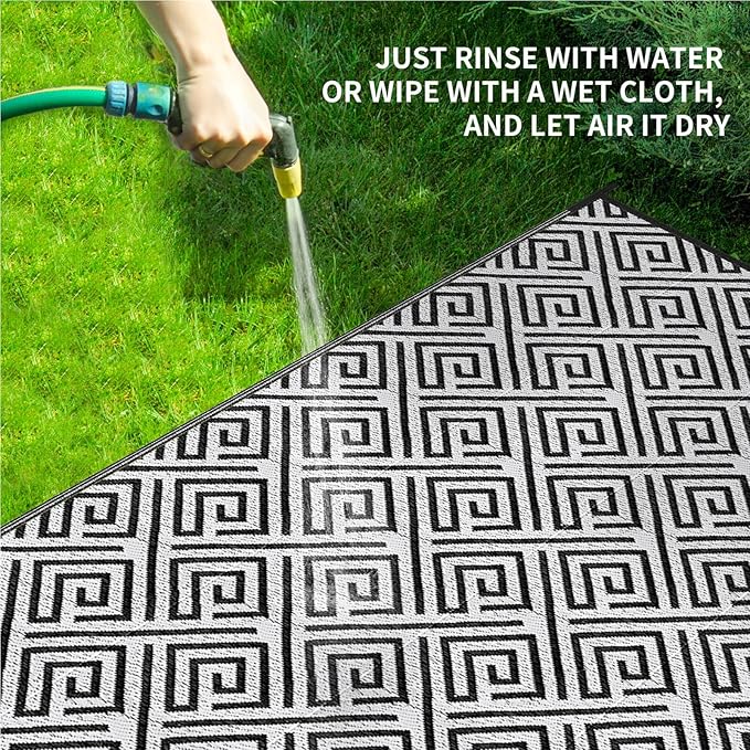 Outdoor Patio Plastic Straw Rug - 8'x10' Outdoor Camping Rug Waterproof Reversible, Area Carpet Patios Clearance RV, Outside Porch Balcony Deck for Camper, Stripe Black & White