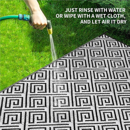 Outdoor Patio Plastic Straw Rug - 8'x10' Outdoor Camping Rug Waterproof Reversible, Area Carpet Patios Clearance RV, Outside Porch Balcony Deck for Camper, Stripe Black & White