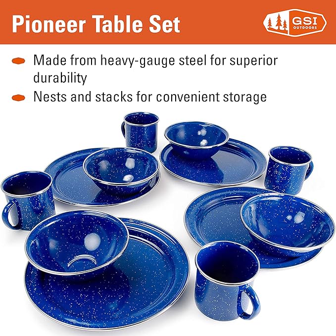 GSI Outdoors Camp Table Set for 4 I Includes Enamel Pioneer Plates, Bowls, & Coffee Mugs for Camping, Outdoors, RV