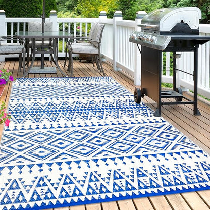 Waterproof Outdoor Rug 6x9ft, Bohemia Reversible Plastic Straw Mat for Patio RV Deck Porch Backyard Balcony Camping Picnic Beach Indoor Outdoor Carpet, Blue&White