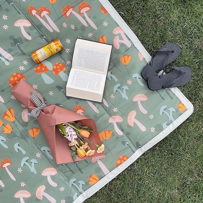 Little Unicorn Outdoor Family Picnic & Beach Blanket, Water-Resistant, Compact Fold, Large Size, 5 x 7 feet, (Woodland Mushroom)