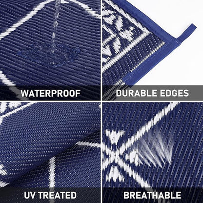 Outdoor Rug 8'x10' for Patios Waterproof Patio Rugs Outdoor Mats for Front Porch,Beach Mat,Reversible Plastic Straw Camping Rugs for Outside RV,Deck,Balcony,Backyard Navy Blue