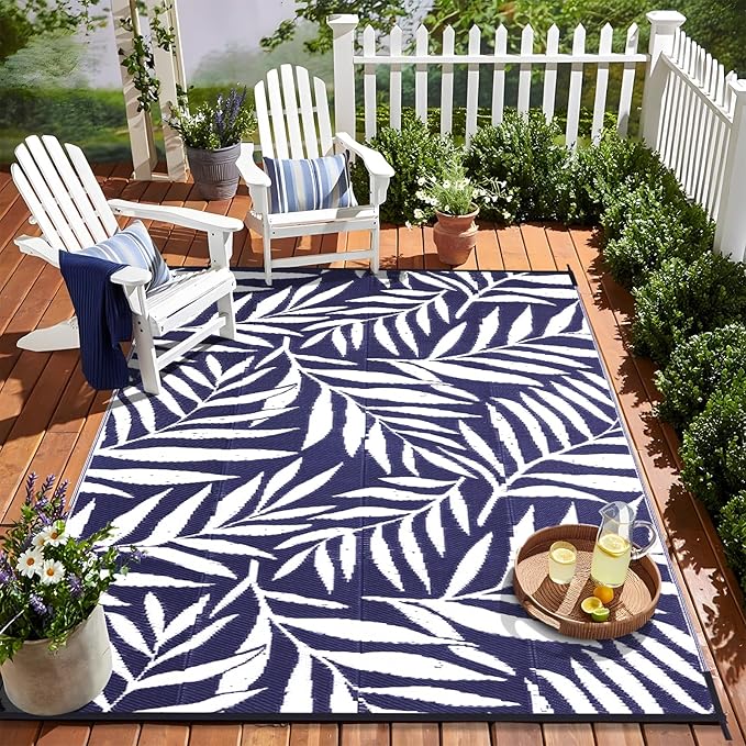 OLANLY Waterproof Outdoor Rug 8x10 ft, Reversible Outdoor Plastic Straw Rug with Leaf Pattern, RV Mat, Indoor Outdoor Carpet for Patio, Camping, Balcony, Deck, Backyard, Navy & White