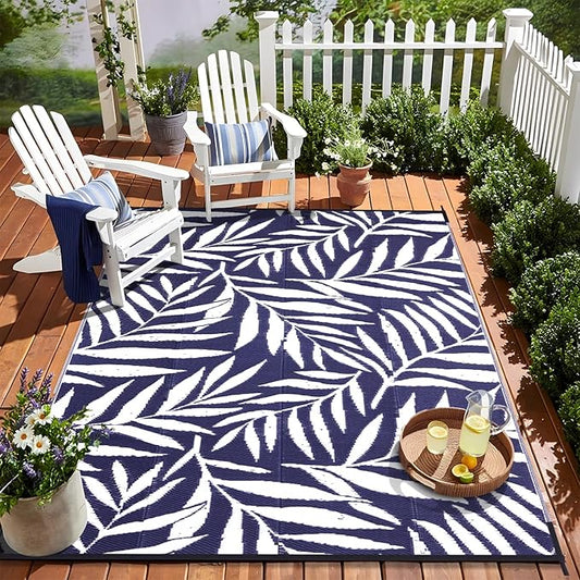 OLANLY Waterproof Outdoor Rug 8x10 ft, Reversible Outdoor Plastic Straw Rug with Leaf Pattern, RV Mat, Indoor Outdoor Carpet for Patio, Camping, Balcony, Deck, Backyard, Navy & White
