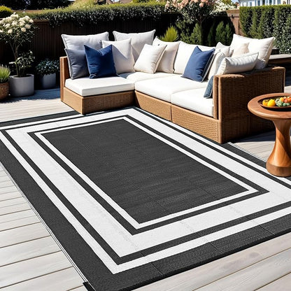 RURALITY Outdoor Rugs 6x9 Waterproof for Patios Clearance,Plastic Straw Mats for Backyard,Porch,Deck,Balcony,Reversible,Black and White