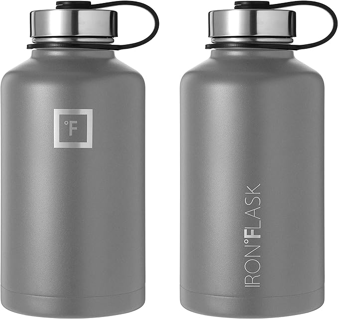 IRON °FLASK Camping & Hiking Hydration Flask, Wide Mouth, 3 Straw Lids, Stainless Steel Outdoor Water Bottle, Double Walled, Insulated Thermos, Metal Canteen - Graphite, 64 Oz