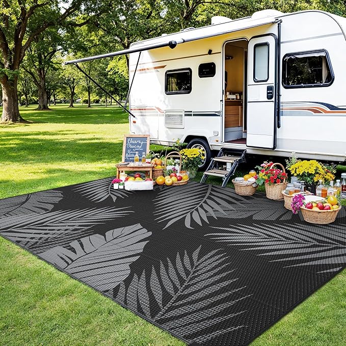 Outdoor Rug 4' x 6' for Patio Waterproof Clearance, Reversible Indoor Outdoor Plastic Straw Camping Rug Carpet, RV Mat, Large Area Rug for Deck, Backyard, Balcony, Porch, Beach, Black and Grey