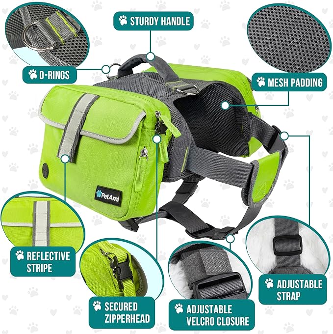 PetAmi Dog Backpack for Medium Large Dogs, Dog Saddle Bag for Dogs to Wear, Harness Saddlebag with Reflective Safety Side Pockets for Hiking, Camping, Vest Dog Pack for Travel (Green, Large)