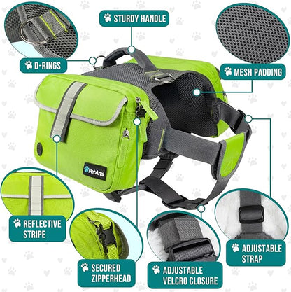 PetAmi Dog Backpack for Medium Large Dogs, Dog Saddle Bag for Dogs to Wear, Harness Saddlebag with Reflective Safety Side Pockets for Hiking, Camping, Vest Dog Pack for Travel (Green, Large)