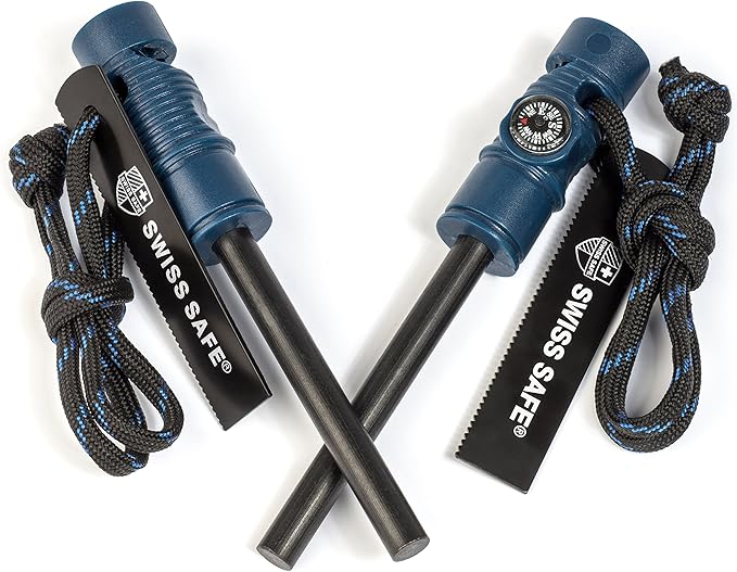 Swiss Safe 5-in-1 Fire Starter with Compass, Paracord and Whistle (2-Pack) for Emergency Survival Kits, Camping, Hiking, All-Weather Magnesium Ferro Rod