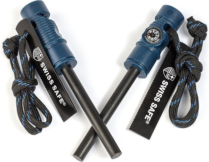 Swiss Safe 5-in-1 Fire Starter with Compass, Paracord and Whistle (2-Pack) for Emergency Survival Kits, Camping, Hiking, All-Weather Magnesium Ferro Rod