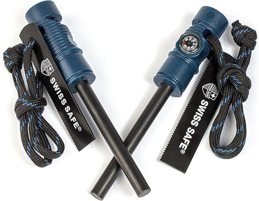 Swiss Safe 5-in-1 Fire Starter with Compass, Paracord and Whistle (2-Pack) for Emergency Survival Kits, Camping, Hiking, All-Weather Magnesium Ferro Rod
