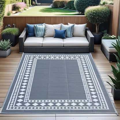 RURALITY Outdoor Rugs 5x8 Waterproof for Patios Clearance,Plastic Straw Mats for Backyard,Porch,Deck,Balcony,Grey and White