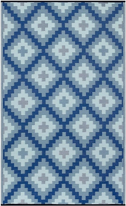 FH Home Outdoor Rug - Waterproof, Fade Resistant, Reversible - Premium Recycled Plastic - Geometric - Patio, Deck, Porch, Balcony, Laundry Room - Aztec Kilim - Blue Multi Crease Free - 5 x 8 ft
