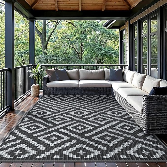 GENIMO Outdoor Rug for Patio Clearance,6'x9' Waterproof Mat,Reversible Plastic Camping Rugs,Rv,Porch,Deck,Camper,Balcony,Backyard,Black & Gray