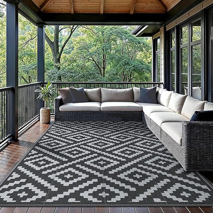 GENIMO Outdoor Rug for Patio Clearance,6'x9' Waterproof Mat,Reversible Plastic Camping Rugs,Rv,Porch,Deck,Camper,Balcony,Backyard,Black & Gray