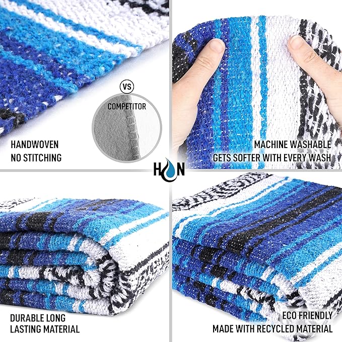 Authentic Extra Large Mexican Blanket (70"x50") - Handwoven Yoga Blanket, Serape Blanket - Artisanal Falsa Blanket, Beach Blanket, Camping Blanket, Picnic Blanket, Outdoor Blanket (King Turquoise)