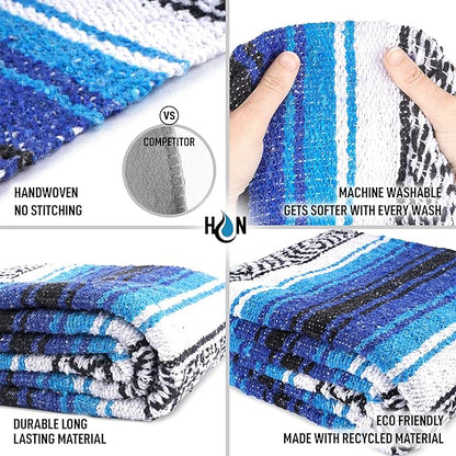Authentic Extra Large Mexican Blanket (70"x50") - Handwoven Yoga Blanket, Serape Blanket - Artisanal Falsa Blanket, Beach Blanket, Camping Blanket, Picnic Blanket, Outdoor Blanket (King Turquoise)