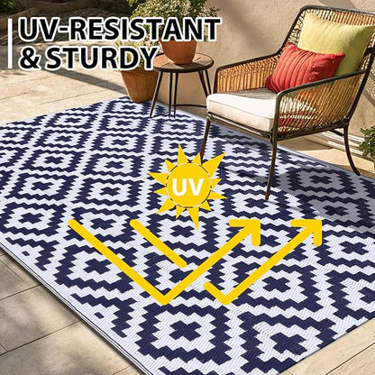 Smiry Waterproof Outdoor Rug 5x8 ft, Reversible Plastic Straw Patio Camping Rugs, Outdoor Indoor RV Mat Carpet for Patio, Outside Entry, Backyard, Deck, Bench, Picnic, Camper, White & Navy