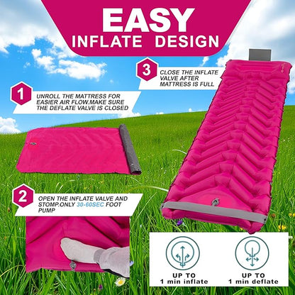 Sleeping Pad with Pillow, Self Inflating Extra-Thick, Ultralight Sleeping Mat, Built-in Pump, Ultimate for Camping, Hiking, Traveling, Airpad, Carry Bag, Compact & Lightweight Air Mattress (Purple)